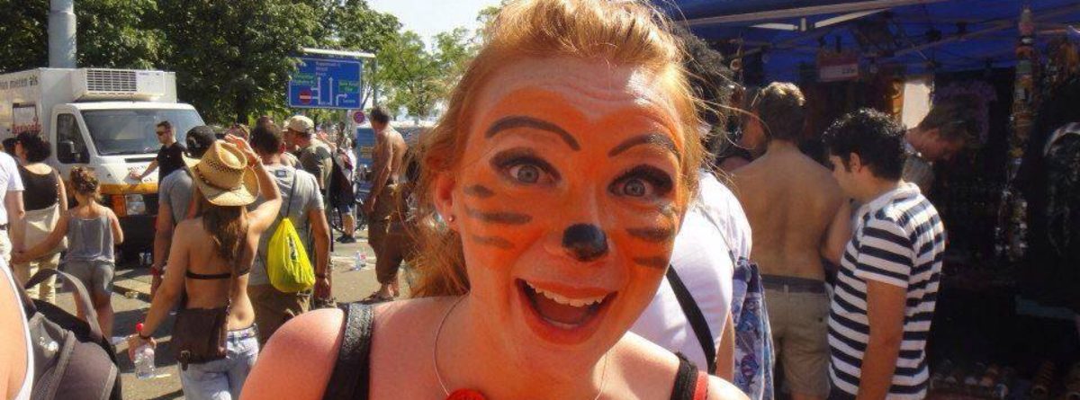 Vibe Primary Teacher Caitlin with her face painted in Zurich, Switzerland