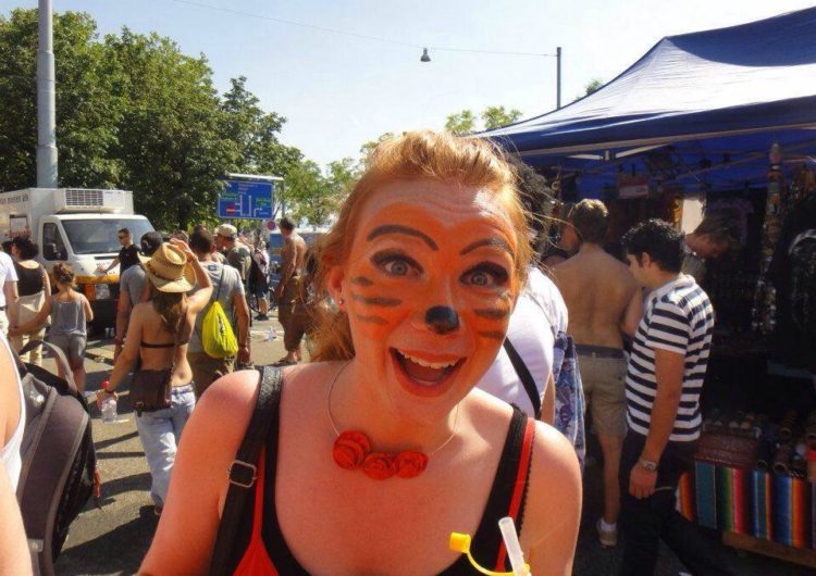 Vibe Primary Teacher Caitlin with her face painted in Zurich, Switzerland
